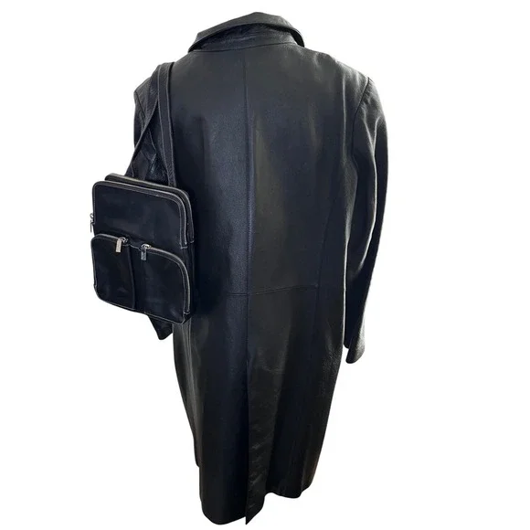Minimalist Leather Trench‎ Coat Black Longline Lightweight Quiet Luxury Women L